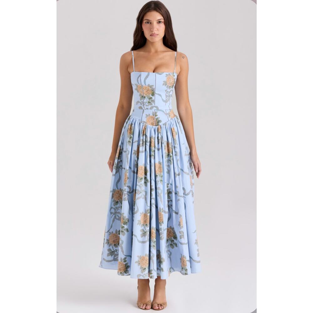 House of CB Ysabella Blue Vintage Rose Print Cotton Dress - Picture 3 of 3